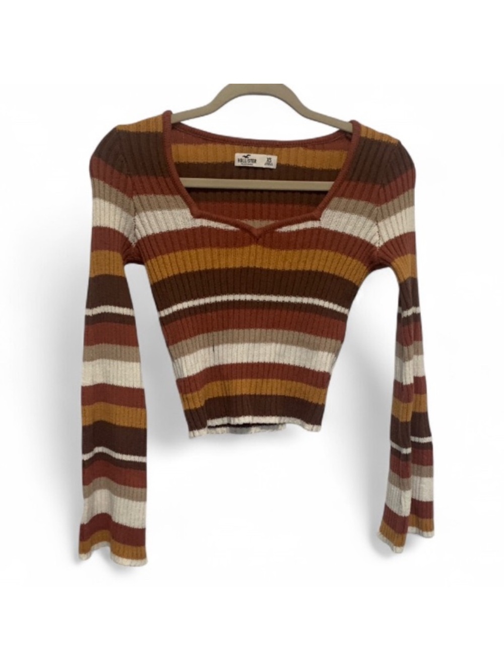 Hollister Retro Striped Rib-Knit Long Sleeve Cropped Sweater
